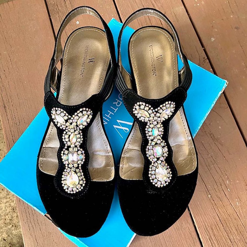 Worthington Odette Black Thong Jewel Sandals(8M)